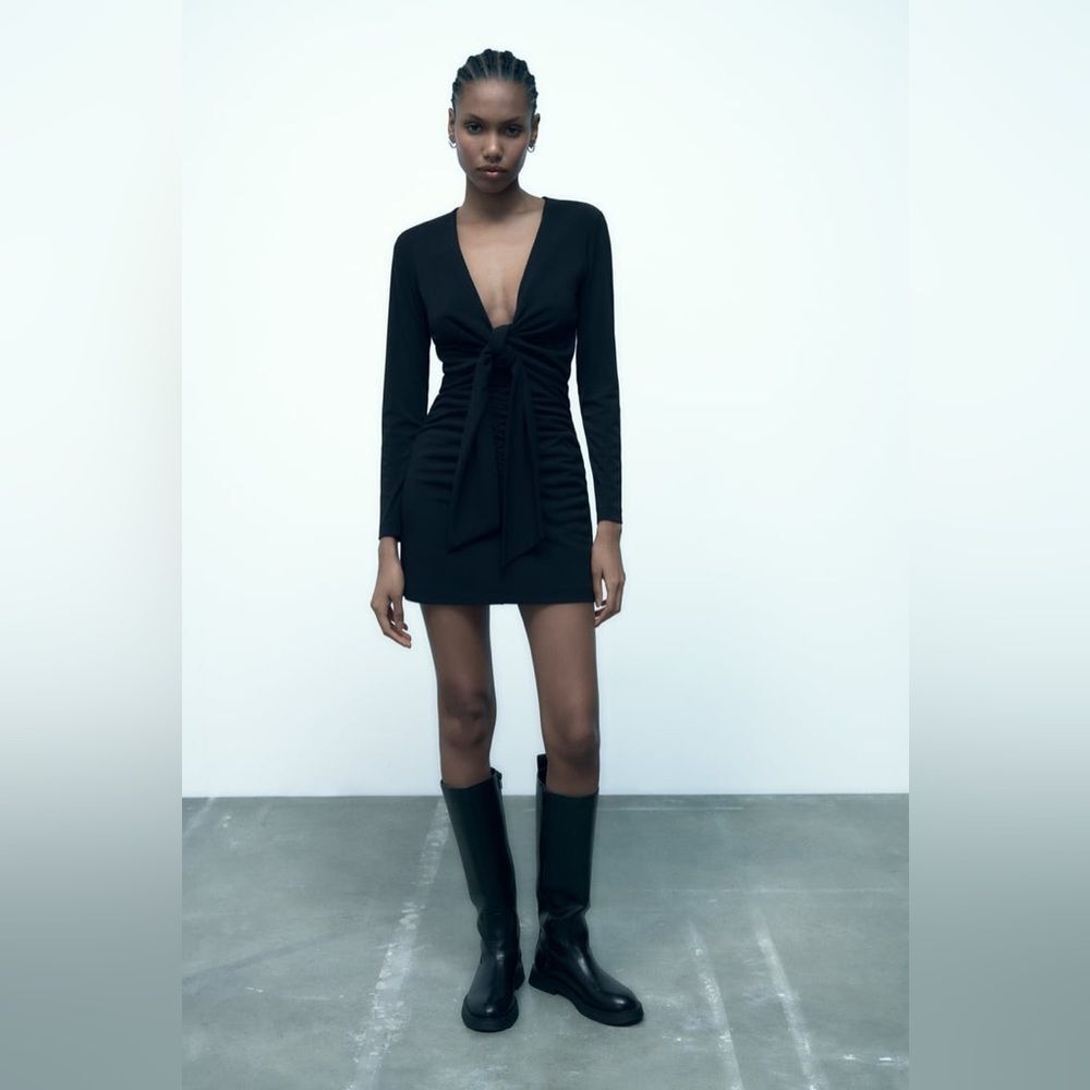 NWT Zara Black Tied Mini Dress with Ruching XS